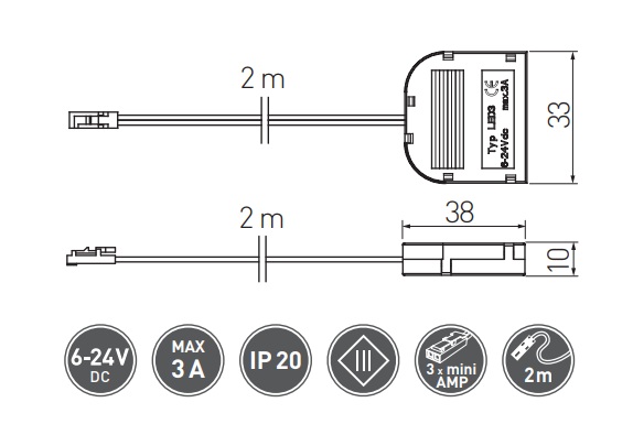 Распределитель AMP для светодиодных лент с тремя разъемами, кабель 2000мм черный LZ-AKZ312-10N GTV / 33174 / оптом и в розницу / мебельная фурнитура "ЛАВР"