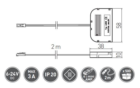 Распределитель AMP для светодиодных лент с шестью разъемами, кабель 2000мм черный LZ-AKZ612-10N GTV / 33175 / оптом и в розницу / мебельная фурнитура "ЛАВР"