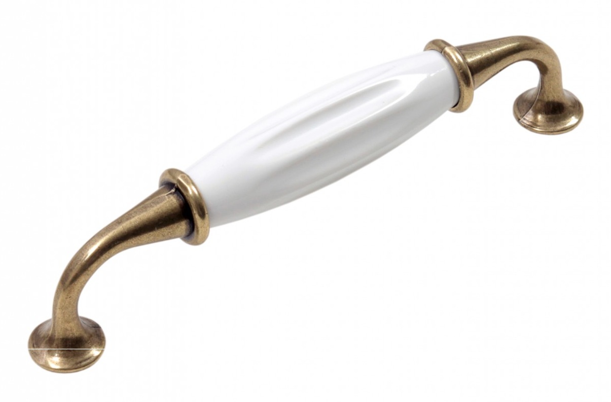 Ручка мебельная скоба 128мм старинная латунь (бронза) с керамической вставкой RS110AB.4/128/W / 719885 / оптом и в розницу / мебельная фурнитура "ЛАВР"