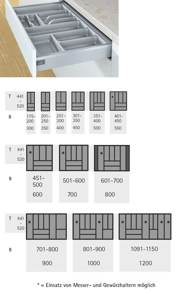 Купить Лоток для столовых приборов OrgaTray 440 для ящиков InnoTech Atira  501-600*441-520мм серый 9194937 Hettich | 37622 | Фурнитура и комплектующие  для мебели