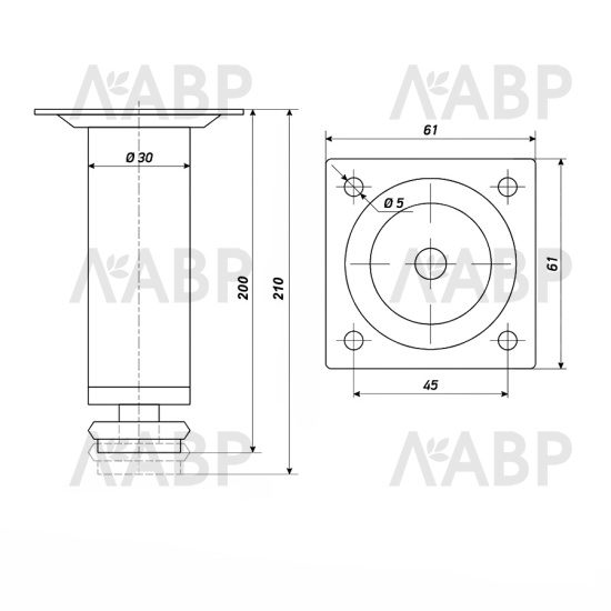 Опора мебельная регулируемая цилиндрическая 30*200мм хром / 10228 / оптом и в розницу / мебельная фурнитура "ЛАВР"