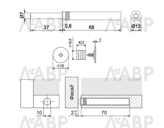 Толкатель врезной магнитный Push-to-Open серый AMF15/GR Boyard / 716110 / оптом и в розницу / мебельная фурнитура "ЛАВР"