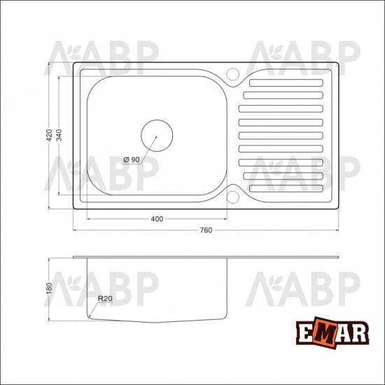 мойка EMAR 302A нерж.сталь врезная 760*420*180*0,8 / 62694 / оптом и в розницу / мебельная фурнитура "ЛАВР"