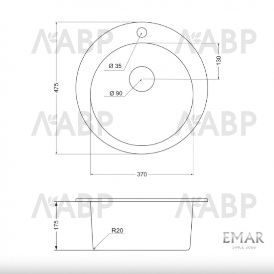 мойка EMAR EMQ-1475.C Агат d370*475*175мм / 62846 / оптом и в розницу / мебельная фурнитура "ЛАВР"