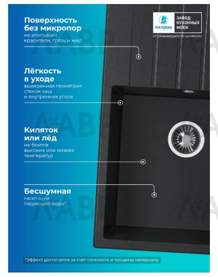мойка мраморная Polygran Deka 780 №16 черный 780*500*200мм / 662178 / оптом и в розницу / мебельная фурнитура "ЛАВР"