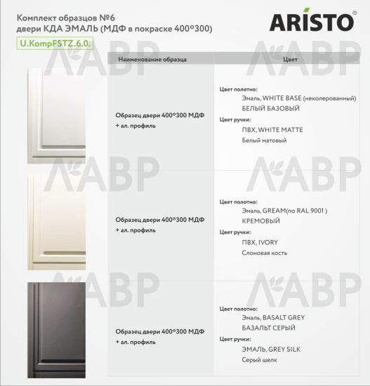 Комплект образцов №6 эмалей классической коллекции дверей Aristo / 36351 / оптом и в розницу / мебельная фурнитура "ЛАВР"