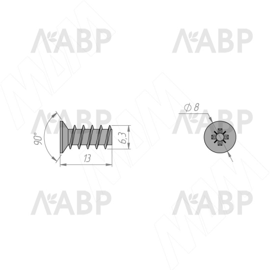 евровинт 6,3*13мм потай, крест сталь PK/(10 000шт) аналог 26096 / 26096-4 / оптом и в розницу / мебельная фурнитура "ЛАВР"