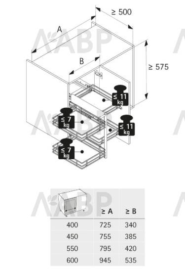 Хеттих/рама для выдвижной системы ORTA, ширина двери 450 мм, цвет серебристый, левая/правая 9381094 / 97871 / оптом и в розницу / мебельная фурнитура "ЛАВР"