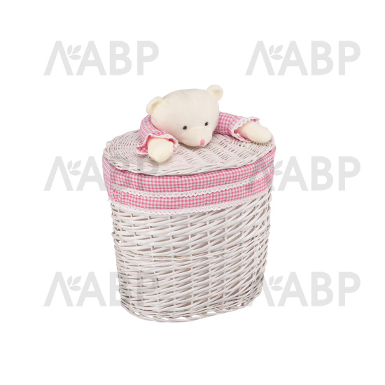 Корзина бельевая "Медвежонок розовый" размер М из лозы ивы белая / 79064 / оптом и в розницу / мебельная фурнитура "ЛАВР"
