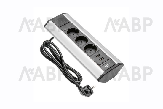 Удлинитель угловой 3 розетки с USB алюминий AE-PBKT3S2U-80 GTV / 16288 / оптом и в розницу / мебельная фурнитура "ЛАВР"