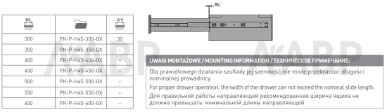 Направляющие шариковые полного выдвижения Push to open 45*400мм PK-P-H45-400-GX GTV / 09435 / оптом и в розницу / мебельная фурнитура "ЛАВР"
