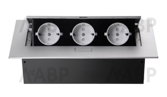удлинитель врезной прямоугольный 3 розетки,серебро/черный/MX-226SV/CB / 16597 / оптом и в розницу / мебельная фурнитура "ЛАВР"