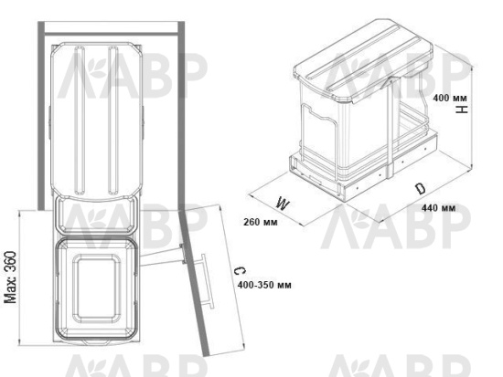 контейнер д/отходов STARAX 16+1л.в базу 400мм(260*440*400),антрацит/S-2391-A / 16577 / оптом и в розницу / мебельная фурнитура "ЛАВР"