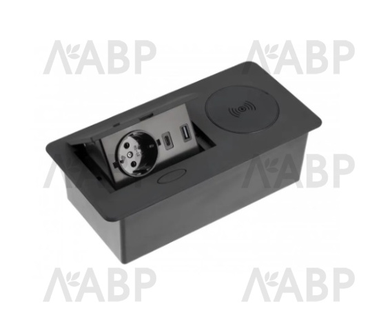 удлинитель GTV врезной  AVARO PLUS, 1 розетка, 2*USB, кабель 1,5м, черны, индукц. зар/AE-PB1SAVAP-20 / 16491 / оптом и в розницу / мебельная фурнитура "ЛАВР"