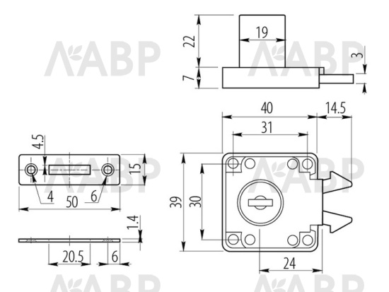 Замок врезной для дверок шкафа-купе №202 d19*22мм, хром / 01060 / оптом и в розницу / мебельная фурнитура "ЛАВР"