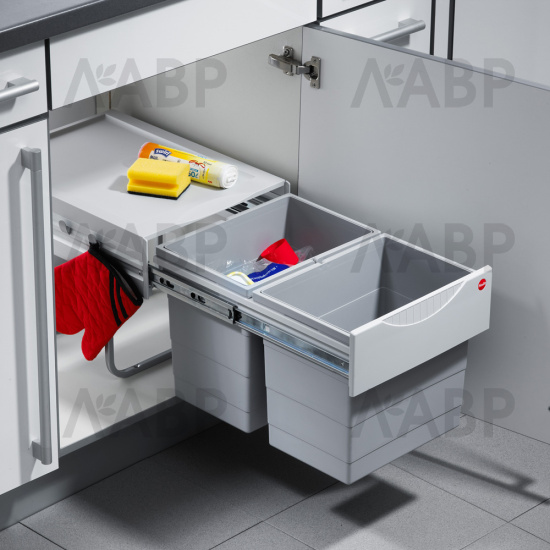 контейнер д/отходов SPACE SAVING в базу 400мм, 2*18л, пластик,серый /3641-12 / 16449 / оптом и в розницу / мебельная фурнитура "ЛАВР"