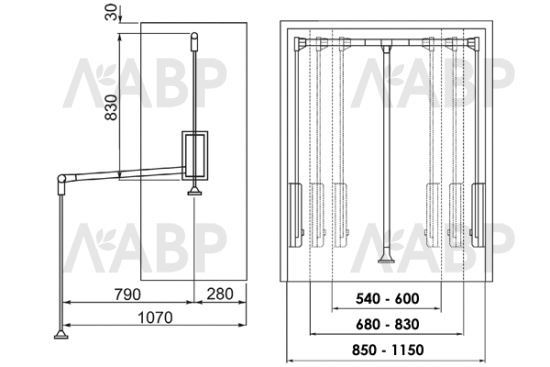 Пантограф 600-830мм хром/черный / 06044 / оптом и в розницу / мебельная фурнитура "ЛАВР"