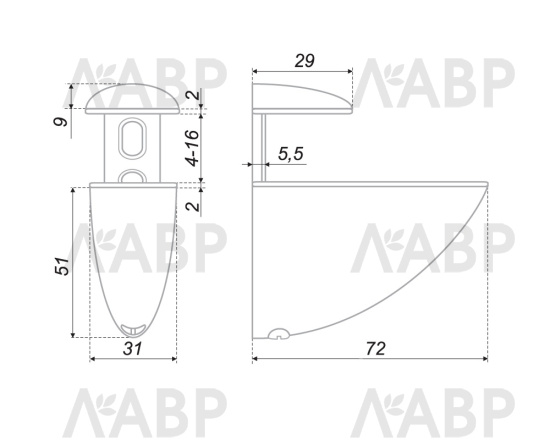 Полкодержатель для деревянных и стекляннных полок Тукан 75мм хром / 13021 / оптом и в розницу / мебельная фурнитура "ЛАВР"