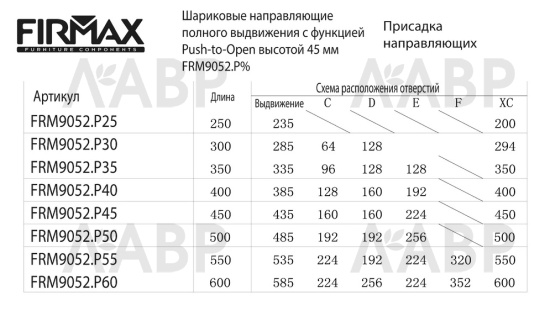 Firmax направляющие шариковые Push-open частичного выдвиж 300мм/45мм/FRM9052.P30 / 509193 / оптом и в розницу / мебельная фурнитура "ЛАВР"