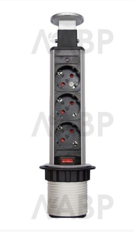 Удлинитель выдвижной цилиндрический 3 розетки с проводом 1,5м серебро+черный 105S / 16358-1 / оптом и в розницу / мебельная фурнитура "ЛАВР"