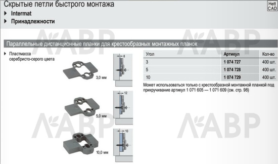 Хеттих/параллельный адаптер для крестообразных монтажных планок, 10 мм / 79325 / 97777 / оптом и в розницу / мебельная фурнитура "ЛАВР"