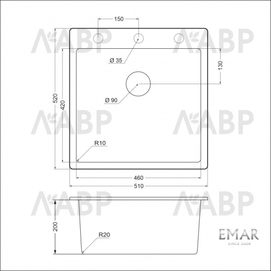 мойка кварцевая EMAR EMQ-1510.Q агат 510*520*200мм / 62911 / оптом и в розницу / мебельная фурнитура "ЛАВР"