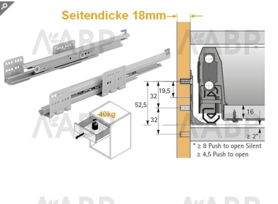 Комплект направляющих Actro для ящиков ArciTech с доводчиком 450мм 9240891 Hettich / 97044 / оптом и в розницу / мебельная фурнитура "ЛАВР"