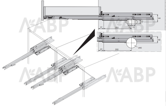 Комплект механизма Push to open Silent на 40кг для ящика AvanTech You 9257892 Hettich / 97252 / оптом и в розницу / мебельная фурнитура "ЛАВР"