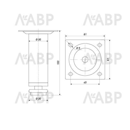 Опора мебельная регулируемая цилиндрическая 30х100мм хром  / 10030 / оптом и в розницу / мебельная фурнитура "ЛАВР"