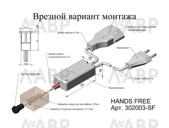 выключатель бесконтактный, взмах руки с сенсором, черный/302003-SF / 33480 / оптом и в розницу / мебельная фурнитура "ЛАВР"