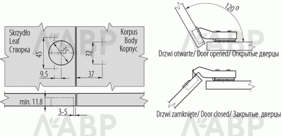 Петля мебельная угловая 30 градусов H=0мм с доводчиком ZM-HCKT30-BE-S GTV / 11207 / оптом и в розницу / мебельная фурнитура "ЛАВР"