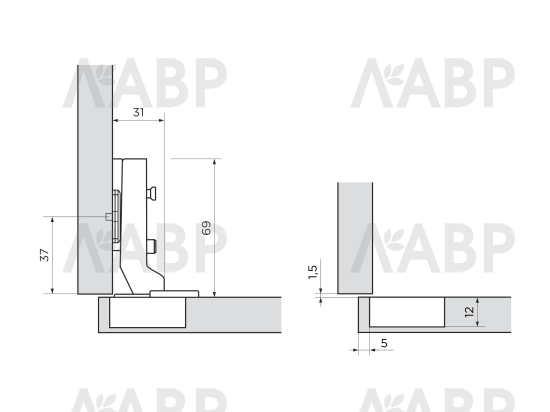 Петля  полунакладная с доводчиком Clip-on Laurus PRO (100) / 11417 / оптом и в розницу / мебельная фурнитура "ЛАВР"