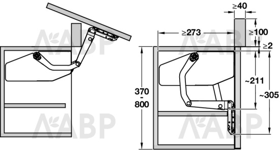 Комплект подъемных механизмов Free swing 500-670мм на 2,5-4,8кг БЕЗ заглушек 372.34.610 Hafele / 49690 / оптом и в розницу / мебельная фурнитура "ЛАВР"