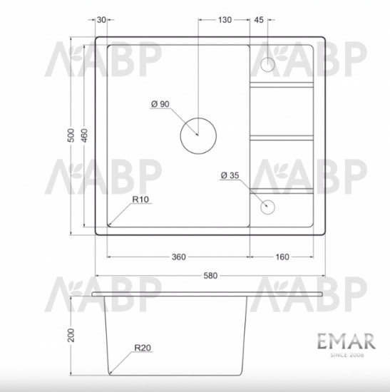 мойка кварцевая EMAR EMQ-1580.Q Антрацит / 62851 / оптом и в розницу / мебельная фурнитура "ЛАВР"