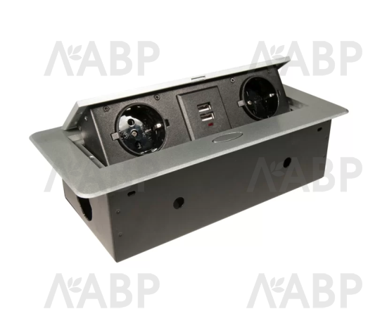 удлинитель врезной прямоугольный 2 розетки, 2*USB, серебристый/LED10002.Q22 / 16595 / оптом и в розницу / мебельная фурнитура "ЛАВР"