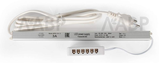 трансформатор 12V/36W, кабель 2м, 6 разъемов MiniPlug, 18*18*232мм/ 301023 / 33447 / оптом и в розницу / мебельная фурнитура "ЛАВР"