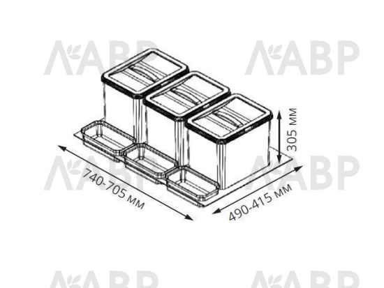 контейнер д/отходов STARAX 3 ведра 16+16+16л.в базу 800мм(740-705*490-415*305),серый/S-2552-G / 16619 / оптом и в розницу / мебельная фурнитура "ЛАВР"