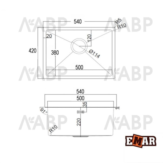 Мойка из нержавеющей стали PVD ЕМВ-123 540*420*220*1,2мм Nano сатин  универсальный монтаж EMAR / 62521 / оптом и в розницу / мебельная фурнитура "ЛАВР"