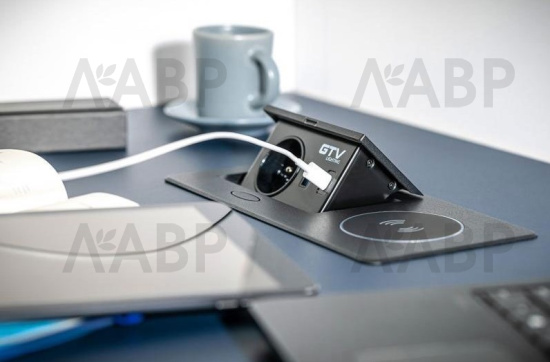 удлинитель GTV врезной  AVARO PLUS, 1 розетка, 2*USB, кабель 1,5м, серый, индукц. зар/AE-PB1SAVAP-53 / 16415 / оптом и в розницу / мебельная фурнитура "ЛАВР"